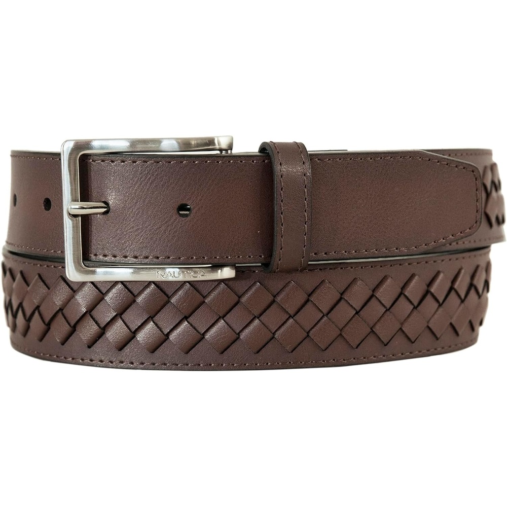 image:imageNautica Mens Dress Leather Belt for Suits and Pants Classic Business Fashion Adjustable Metal BuckleCenter Woven Brown