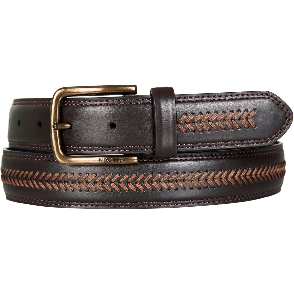 image:imageNautica Mens Dress Leather Belt for Suits and Pants Classic Business Fashion Adjustable Metal BuckleLeather Laced Brown
