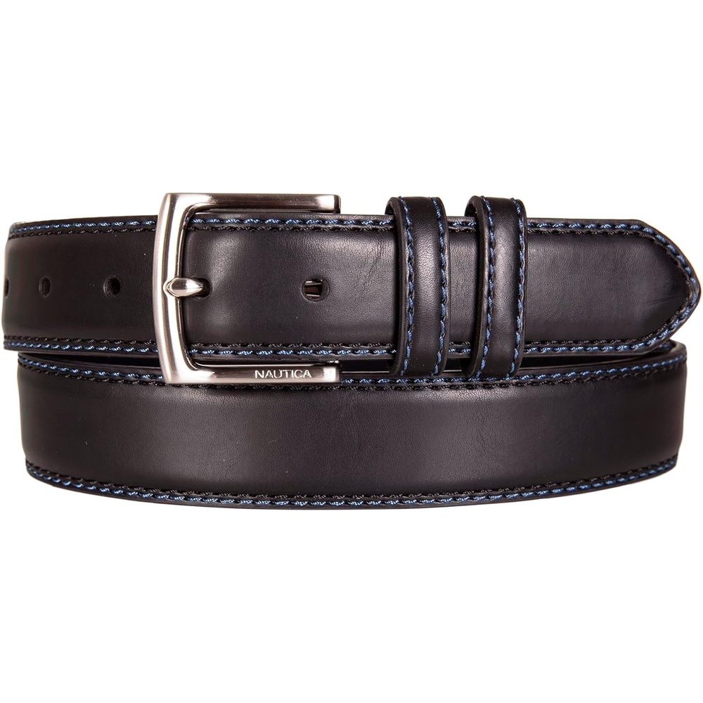 image:imageNautica Mens Dress Leather Belt for Suits and Pants Classic Business Fashion Adjustable Metal BuckleLogo Inlay Double Keeper Black