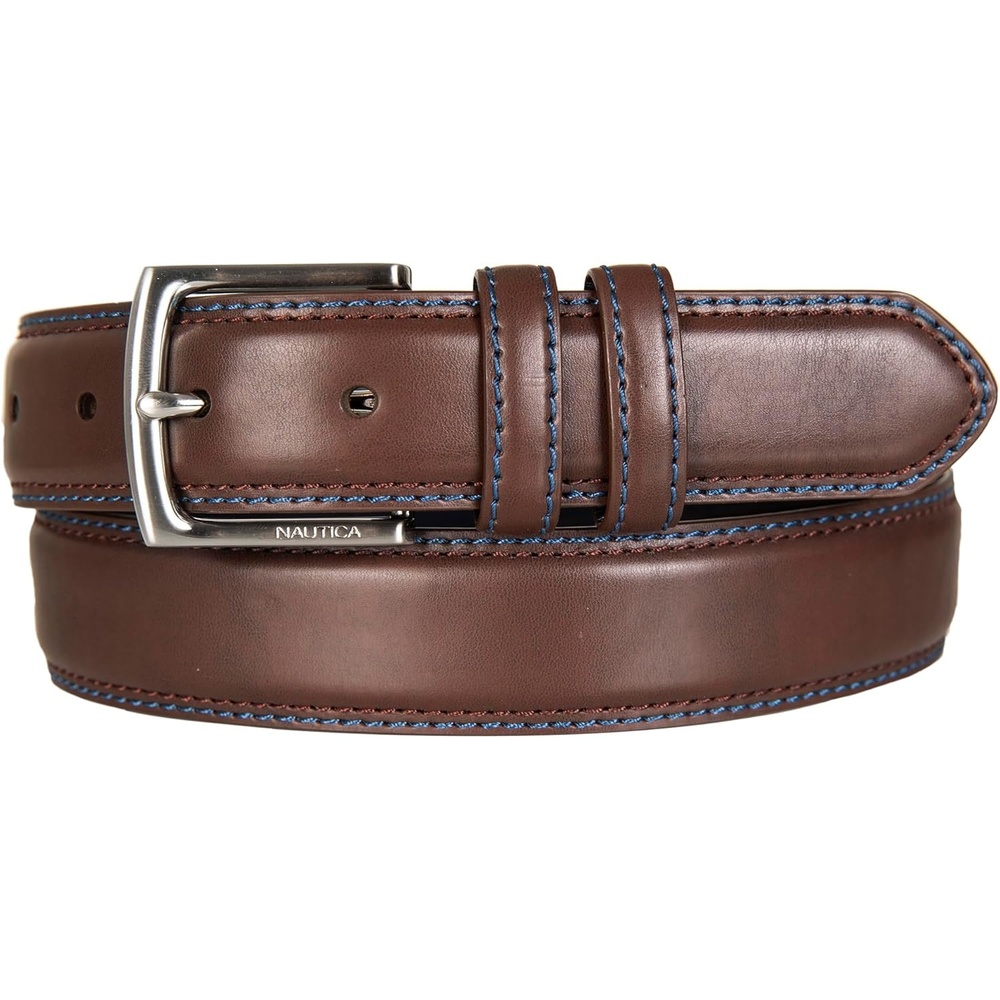 image:imageNautica Mens Dress Leather Belt for Suits and Pants Classic Business Fashion Adjustable Metal BuckleLogo Inlay Double Keeper Brown