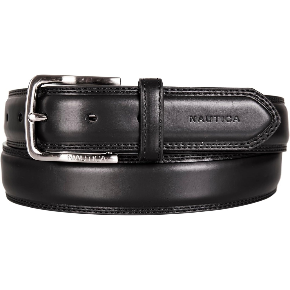 image:imageNautica Mens Dress Leather Belt for Suits and Pants Classic Business Fashion Adjustable Metal BuckleLogo Inlay Double Stitch Black