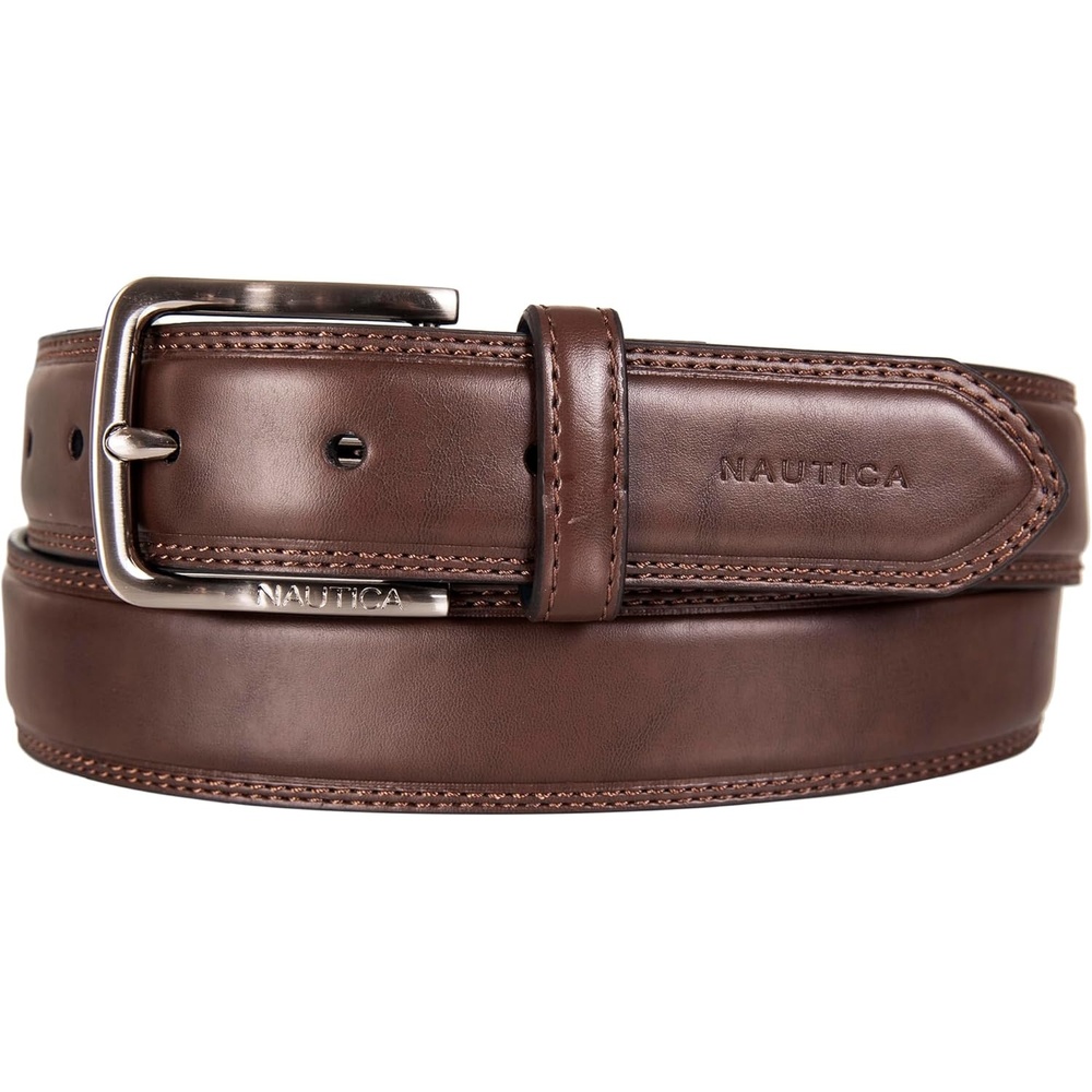 image:imageNautica Mens Dress Leather Belt for Suits and Pants Classic Business Fashion Adjustable Metal BuckleLogo Inlay Double Stitch Brown
