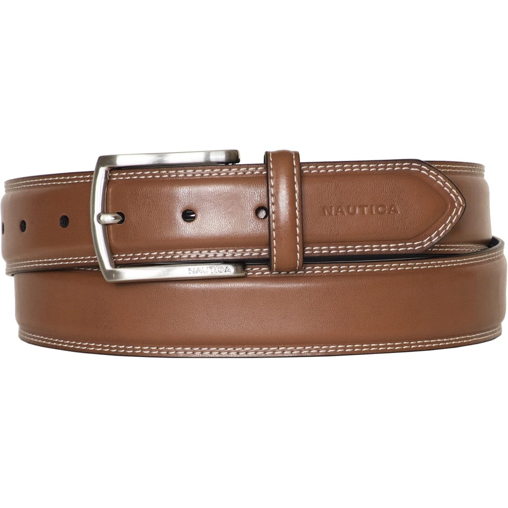 image:imageNautica Mens Dress Leather Belt for Suits and Pants Classic Business Fashion Adjustable Metal BuckleLogo Inlay Double Stitch Cognac