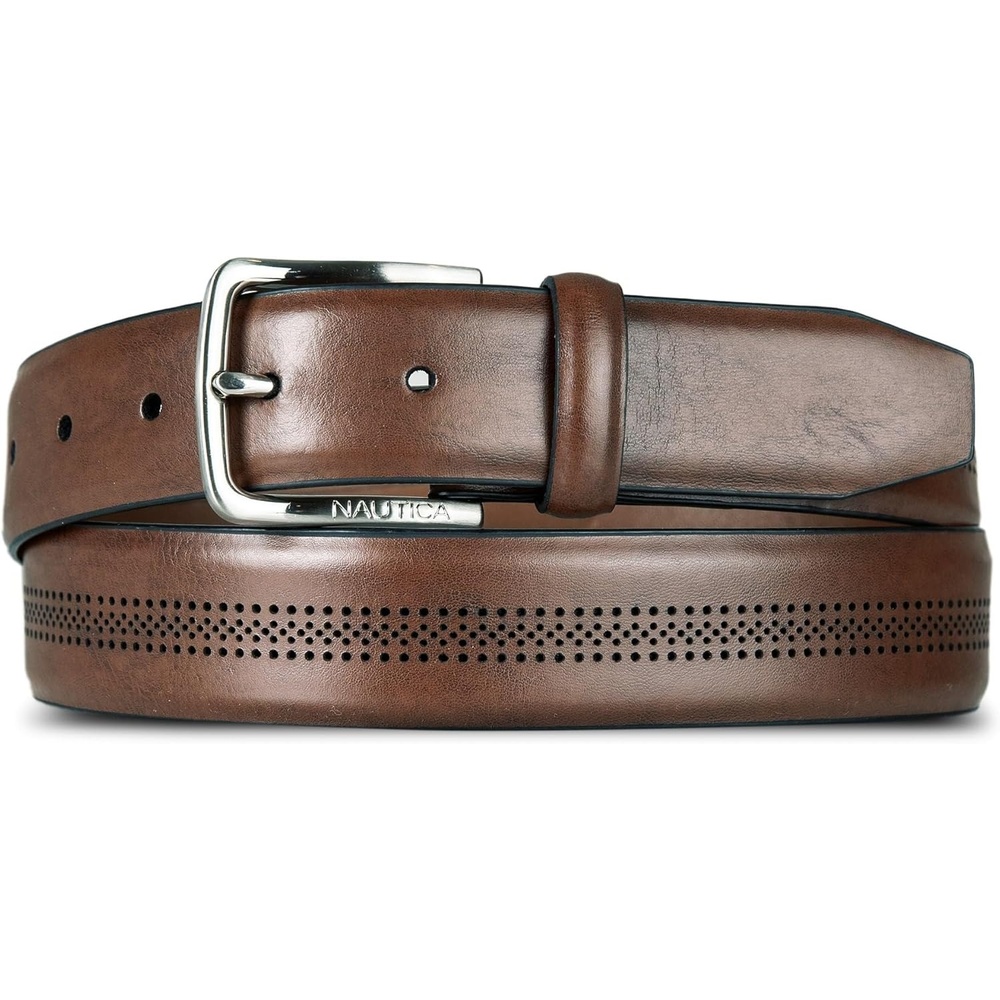 image:imageNautica Mens Dress Leather Belt for Suits and Pants Classic Business Fashion Adjustable Metal BucklePerforated Brown