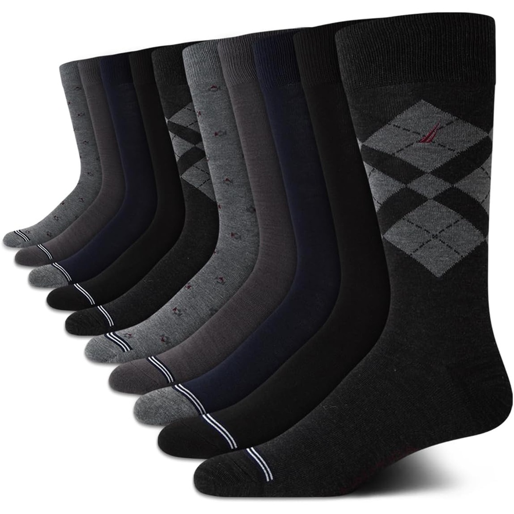 image:imageNautica Mens Dress Socks 10 Pack Breathable Stretch Crew Socks for Men for Work Business and Formal Wear Sizes 6125BlackGrey Argyle
