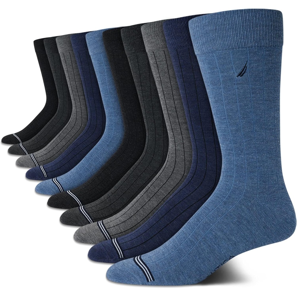 image:imageNautica Mens Dress Socks 10 Pack Breathable Stretch Crew Socks for Men for Work Business and Formal Wear Sizes 6125BlueGrey Rib