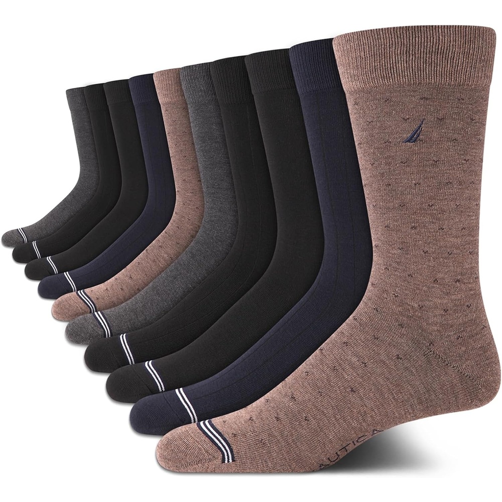 image:imageNautica Mens Dress Socks 10 Pack Breathable Stretch Crew Socks for Men for Work Business and Formal Wear Sizes 6125Brown Multi