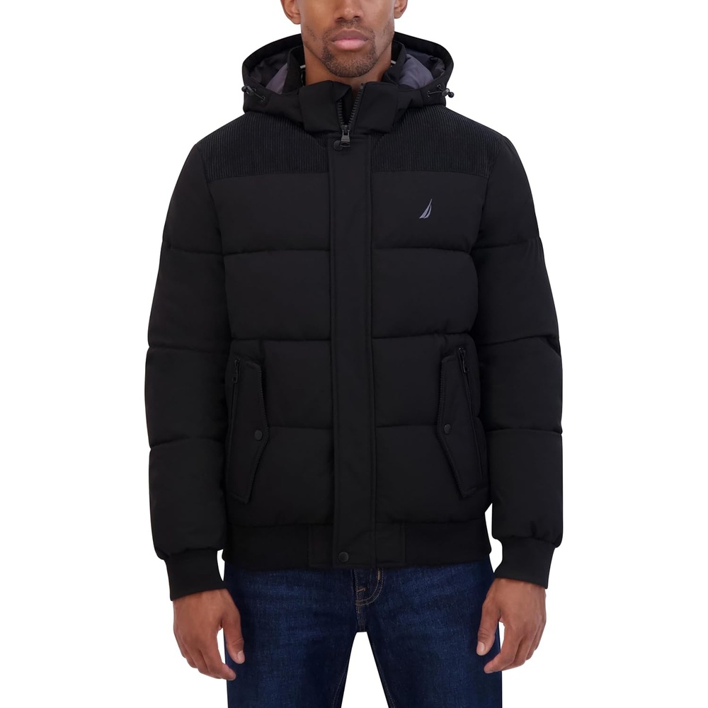 image:imageNautica Mens Lightweight Mix Media Bomber Jacket  Mechanical Stretch WaterResistant CoatBlack