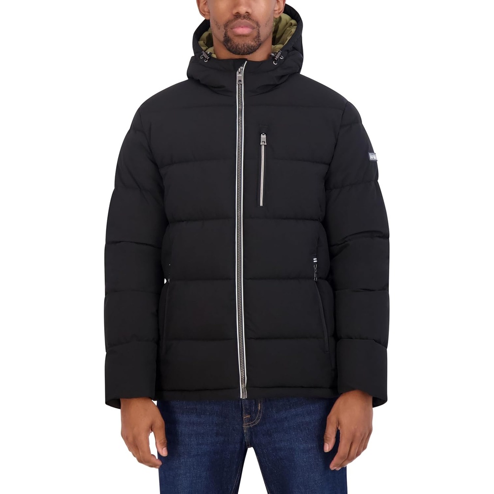 image:imageNautica Mens Midweight Faux Memory Puffer Jacket Adjustable Hood Insulated Quilted Winter CoatBlack Ink
