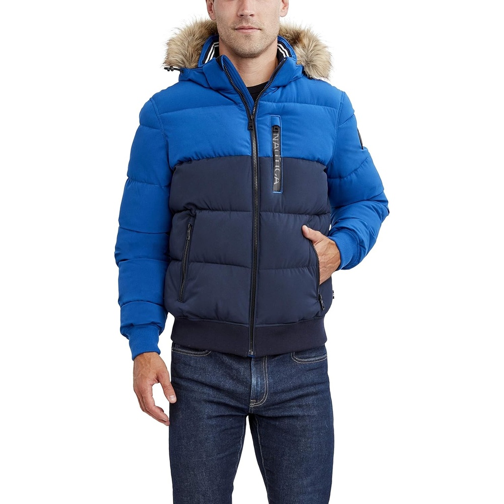 image:imageNautica Mens Midweight Faux Memory Puffer Jacket Adjustable Hood Insulated Quilted Winter CoatBluNvy