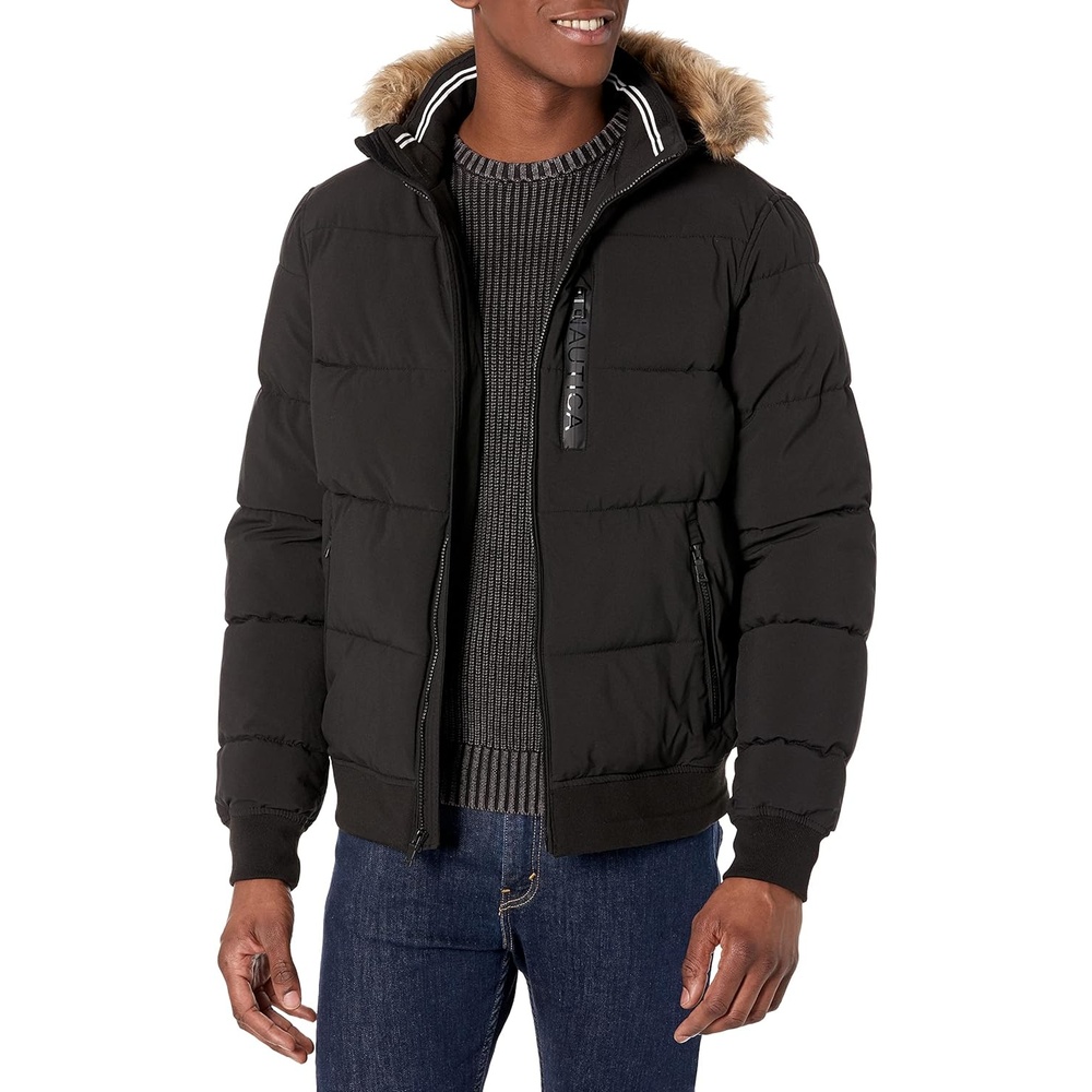 image:imageNautica Mens Midweight Faux Memory Puffer Jacket Adjustable Hood Insulated Quilted Winter CoatCaviar