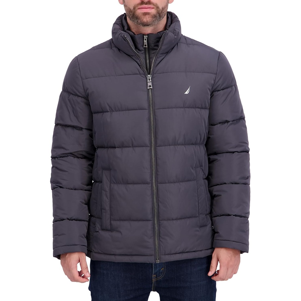 image:imageNautica Mens Midweight Puffer Jacket with Bib Insert  Fleece Collar Insulated Winter CoatMetal Grey