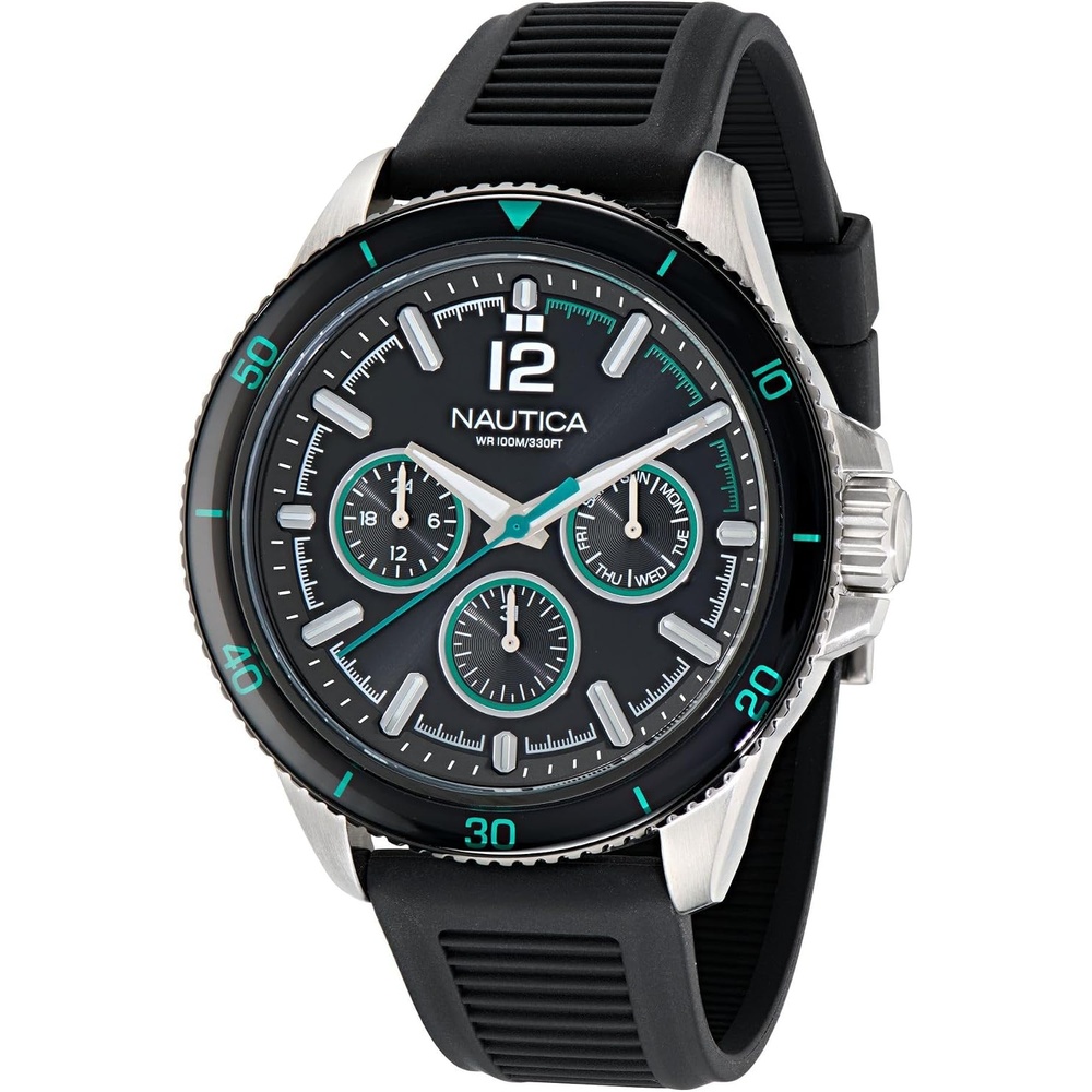 image:imageNautica Mens NCT Windrose 46mm WatchBlackBlack GreenSilver