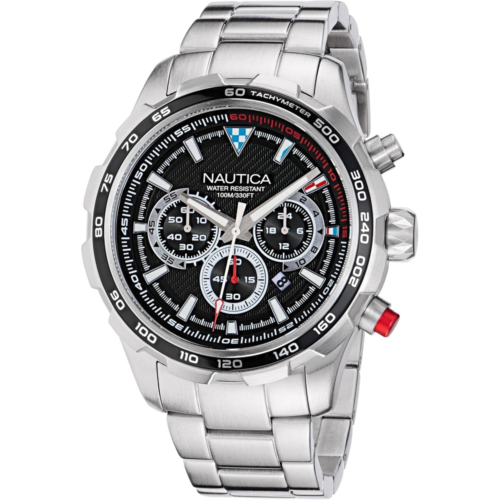 image:imageNautica Mens NST Chronograph 46mm WatchSilverBlackSilver