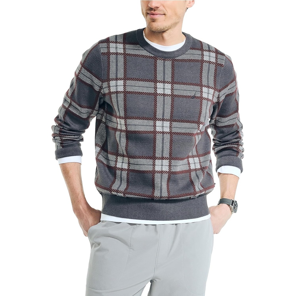 image:imageNautica Mens Nautica Navtech Plaid Jacquard Crewneck SweaterCarbon