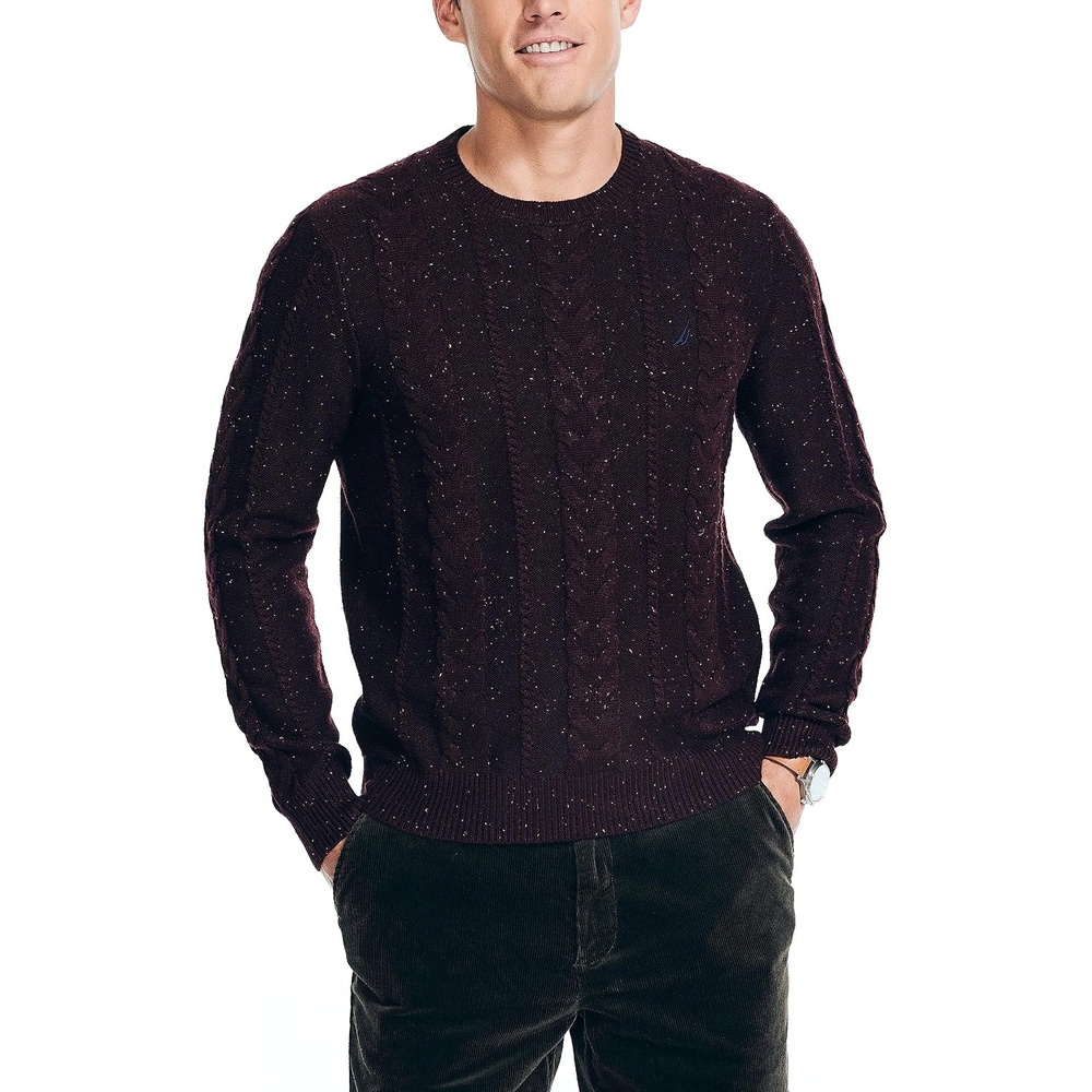 image:imageNautica Mens Nautica Sustainably Crafted CableKnit Crewneck SweaterShipwreck Burgundy
