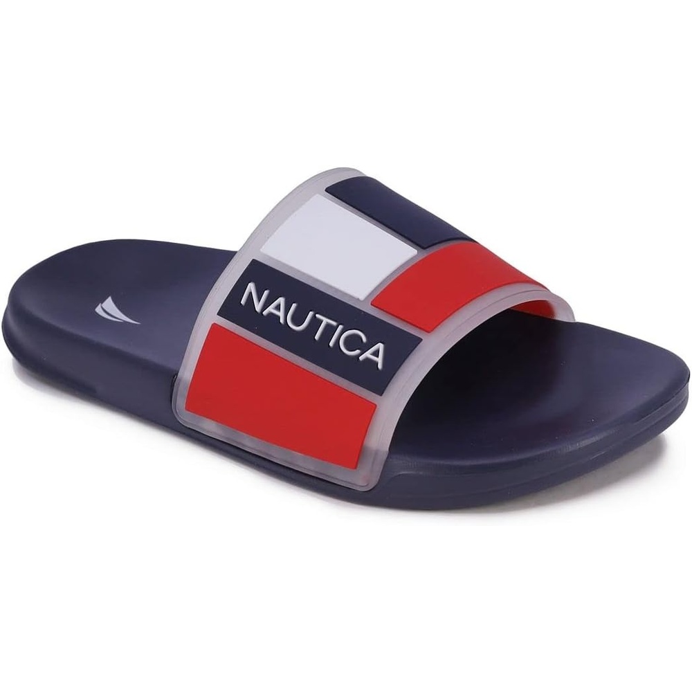 image:imageNautica Mens Open Toe Slide Sandals Comfortable Indoor amp Outdoor Shower SlippersBower Clearred White Blue