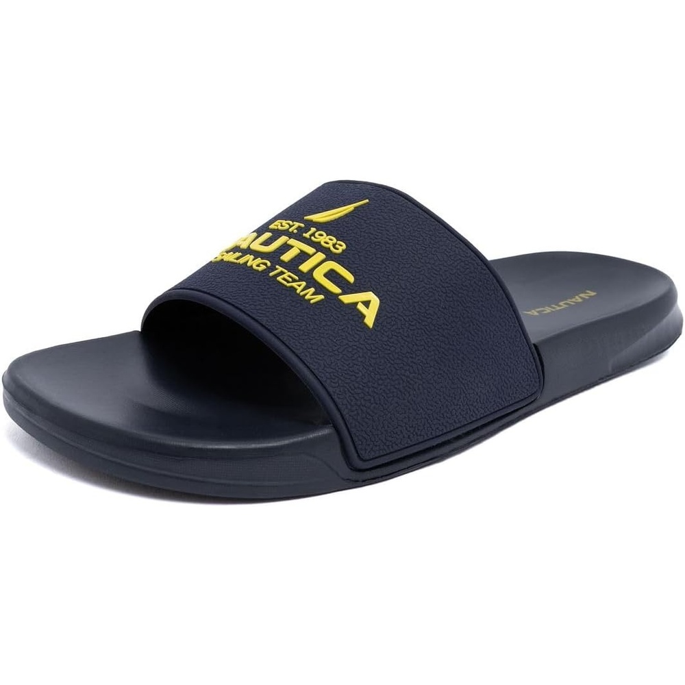 image:imageNautica Mens Open Toe Slide Sandals Comfortable Indoor amp Outdoor Shower SlippersNavy Yellowsherwood