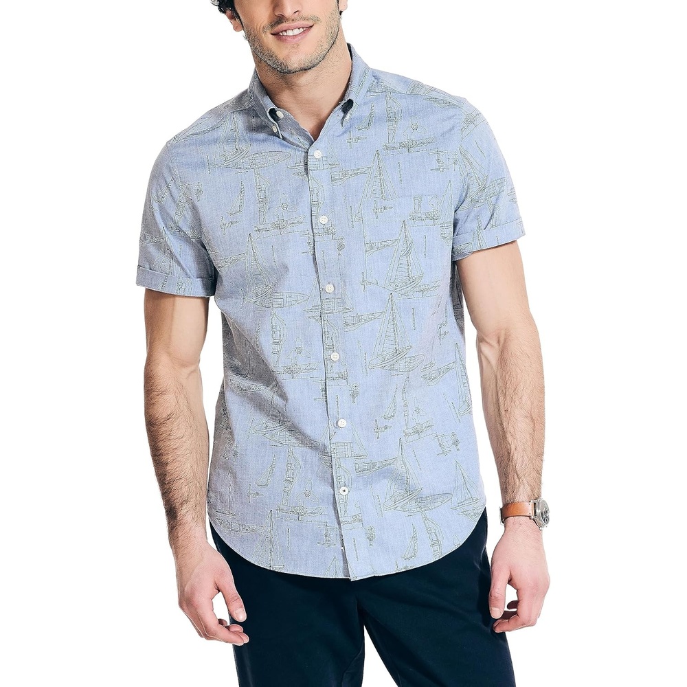 image:imageNautica Mens Printed Chambray ShortSleeve ShirtEnsign Blue
