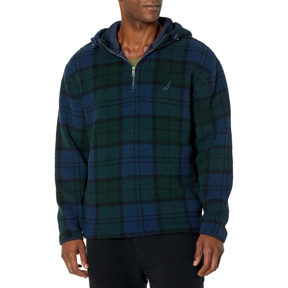 image:imageNautica Mens Printed Faux Shearling Quarterzip HoodieBayou Green