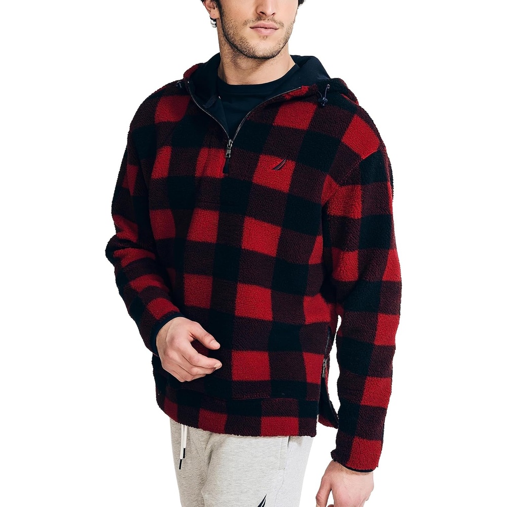 image:imageNautica Mens Printed Faux Shearling Quarterzip HoodieNautica Red