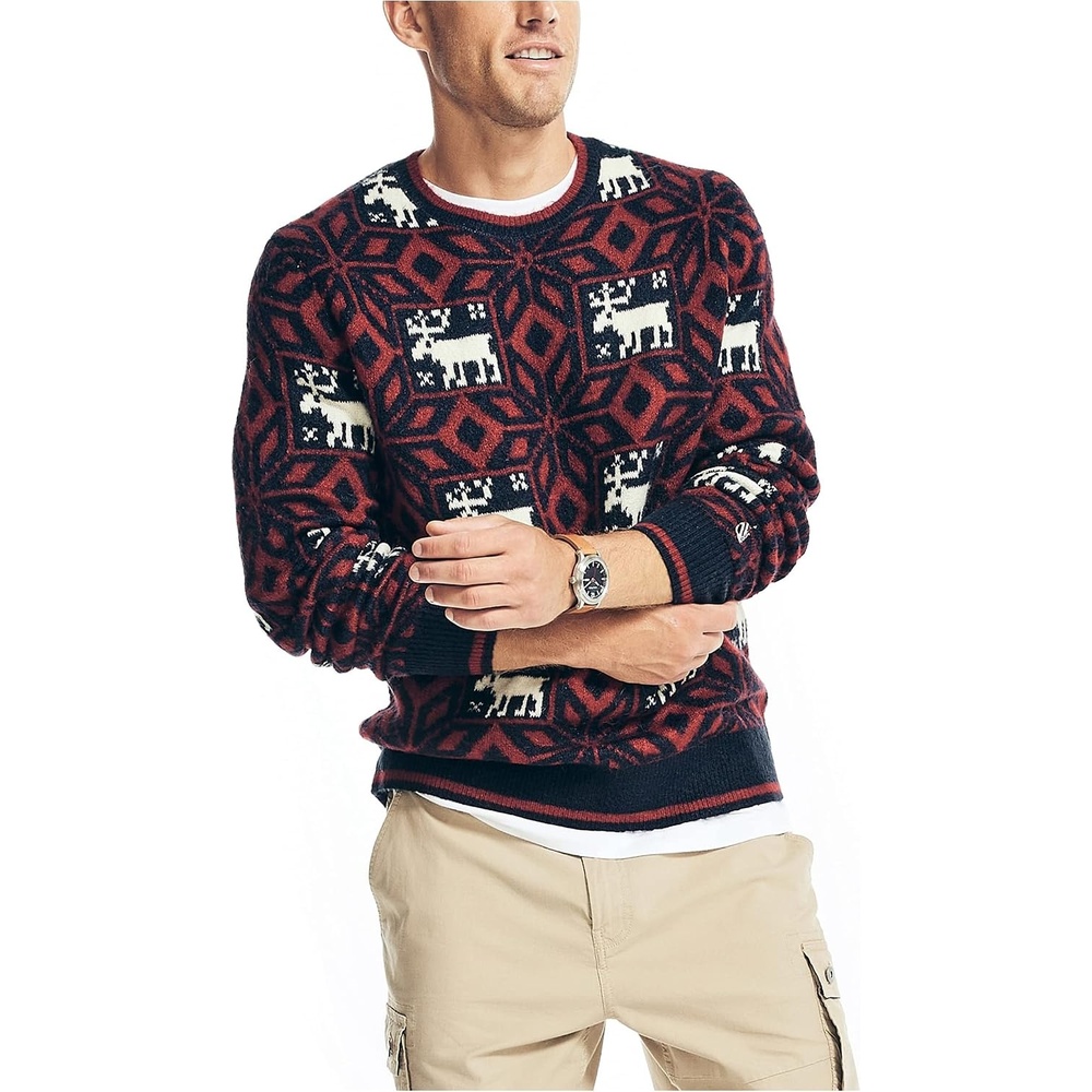 image:imageNautica Mens Reissue Printed Jacquard Crewneck SweaterNavy