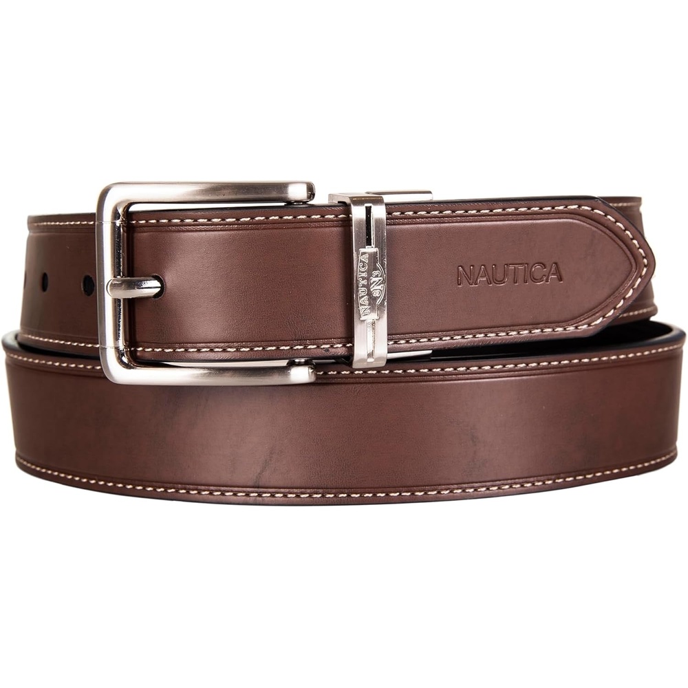 image:imageNautica Mens Reversible Leather Belt 2in1 Classic Everyday Business Work Dress Casual Metal BuckleCasual Leather BlackBrown