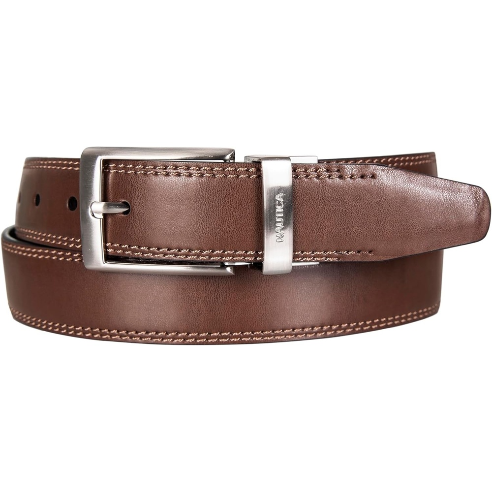 image:imageNautica Mens Reversible Leather Belt 2in1 Classic Everyday Business Work Dress Casual Metal BuckleDouble Stitch BlackBrown