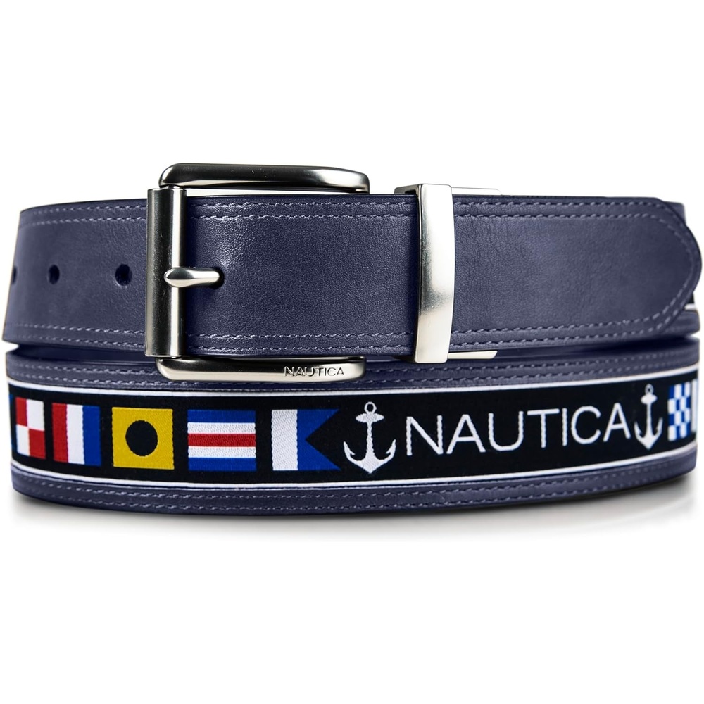 image:imageNautica Mens Reversible Leather Belt 2in1 Classic Everyday Business Work Dress Casual Metal BuckleFlag Pattern Navy