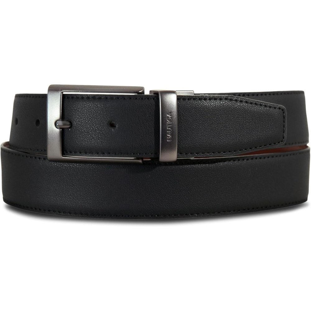 image:imageNautica Mens Reversible Leather Belt 2in1 Classic Everyday Business Work Dress Casual Metal BuckleGunmetal Logo BlackCognac