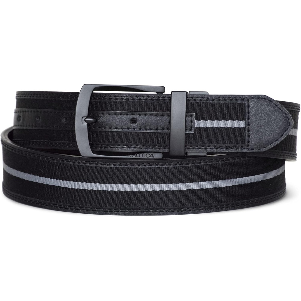 image:imageNautica Mens Reversible Leather Belt 2in1 Classic Everyday Business Work Dress Casual Metal BuckleSignature Logo Black RibbonLeather