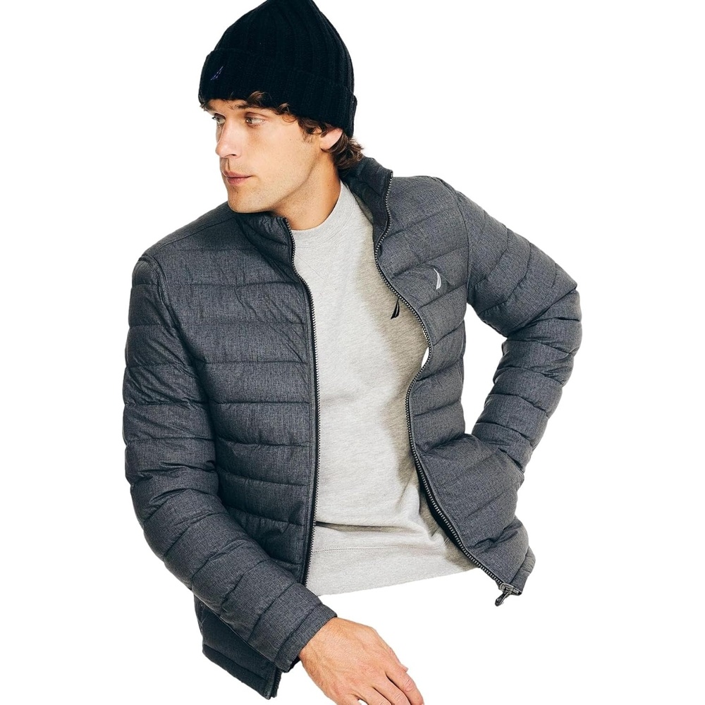 image:imageNautica Mens Reversible Quilted Puffer Jacket Midweight Mechanical Stretch Winter CoatGreyblack