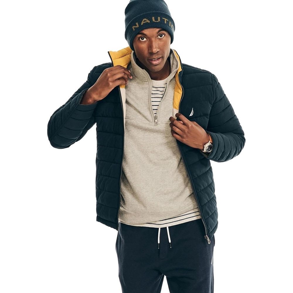 image:imageNautica Mens Reversible Quilted Puffer Jacket Midweight Mechanical Stretch Winter CoatMustard