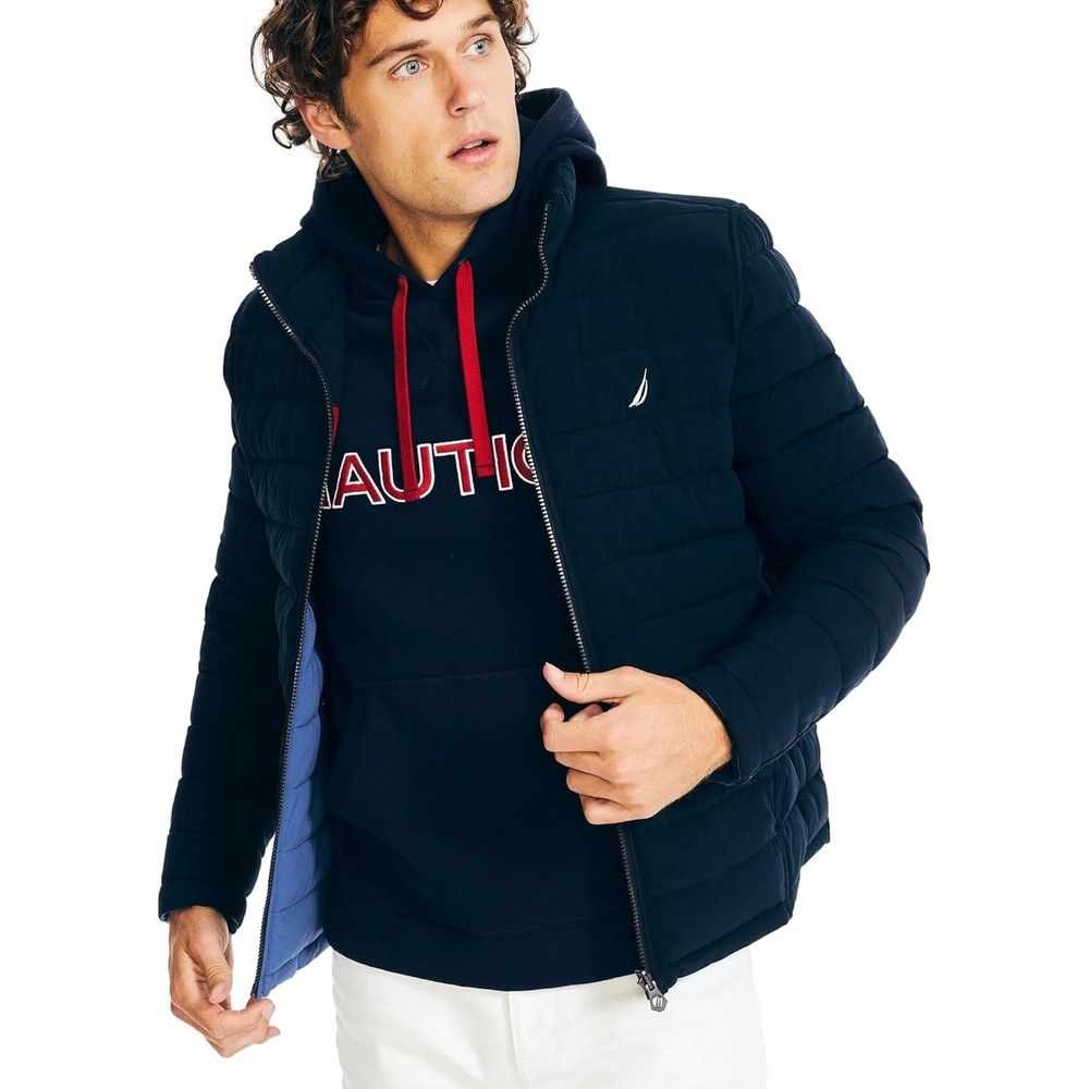 image:imageNautica Mens Reversible Quilted Puffer Jacket Midweight Mechanical Stretch Winter CoatNavyred
