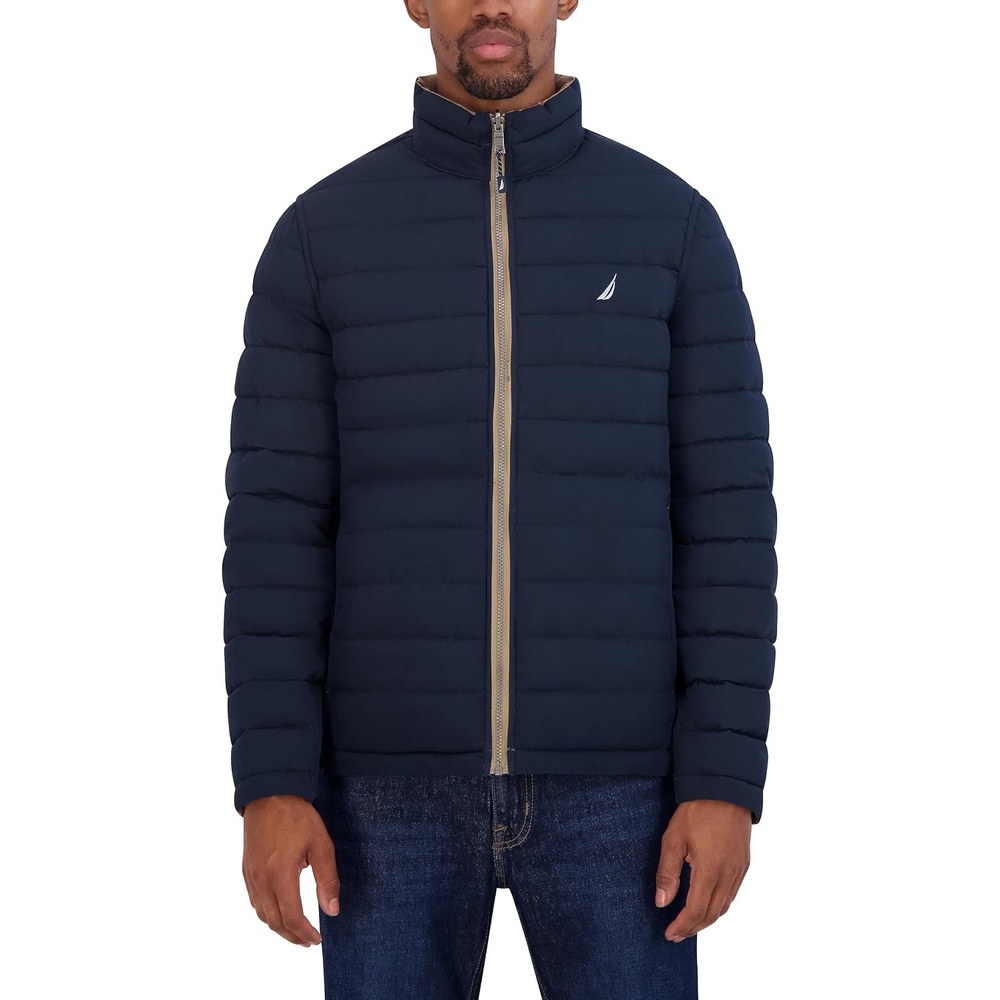 image:imageNautica Mens Reversible Quilted Puffer Jacket Midweight Mechanical Stretch Winter CoatTaupe