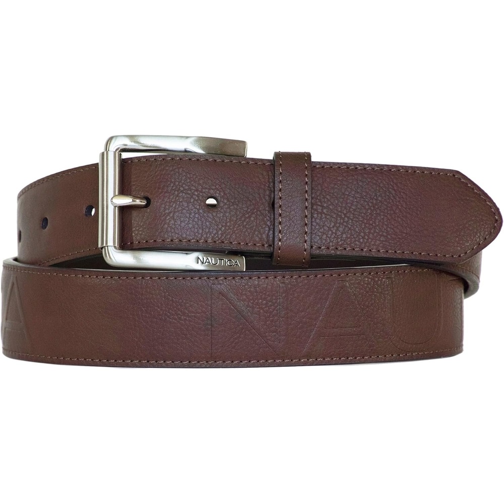 image:imageNautica Mens Signature Leather and Canvas Belt Ribbon Detail Flag Design Classic Casual Metal BuckleEmbossed Logo Brown