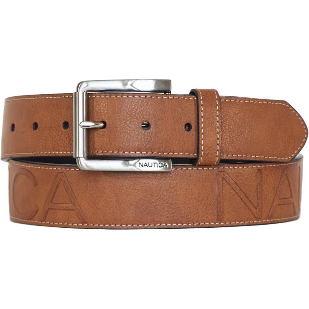 image:imageNautica Mens Signature Leather and Canvas Belt Ribbon Detail Flag Design Classic Casual Metal BuckleEmbossed Logo Tan