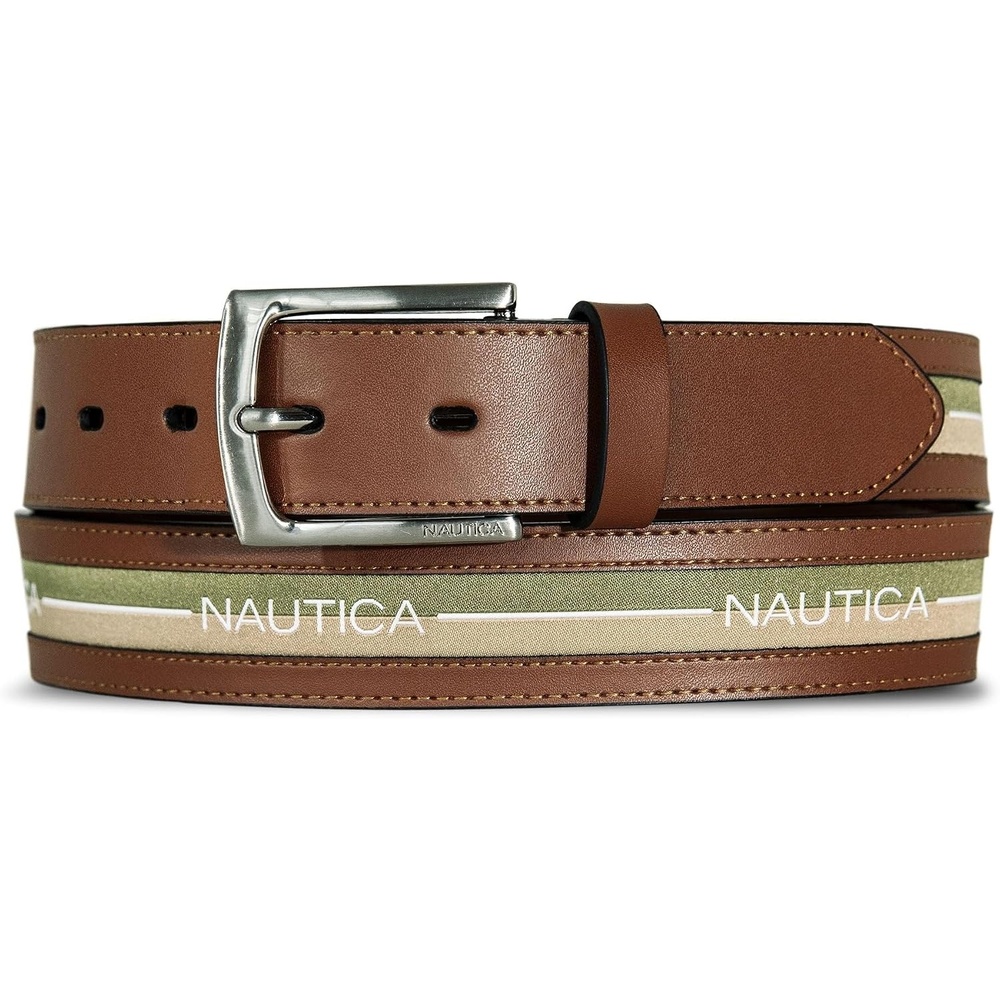 image:imageNautica Mens Signature Leather and Canvas Belt Ribbon Detail Flag Design Classic Casual Metal BuckleRibbon Panel TanGreen