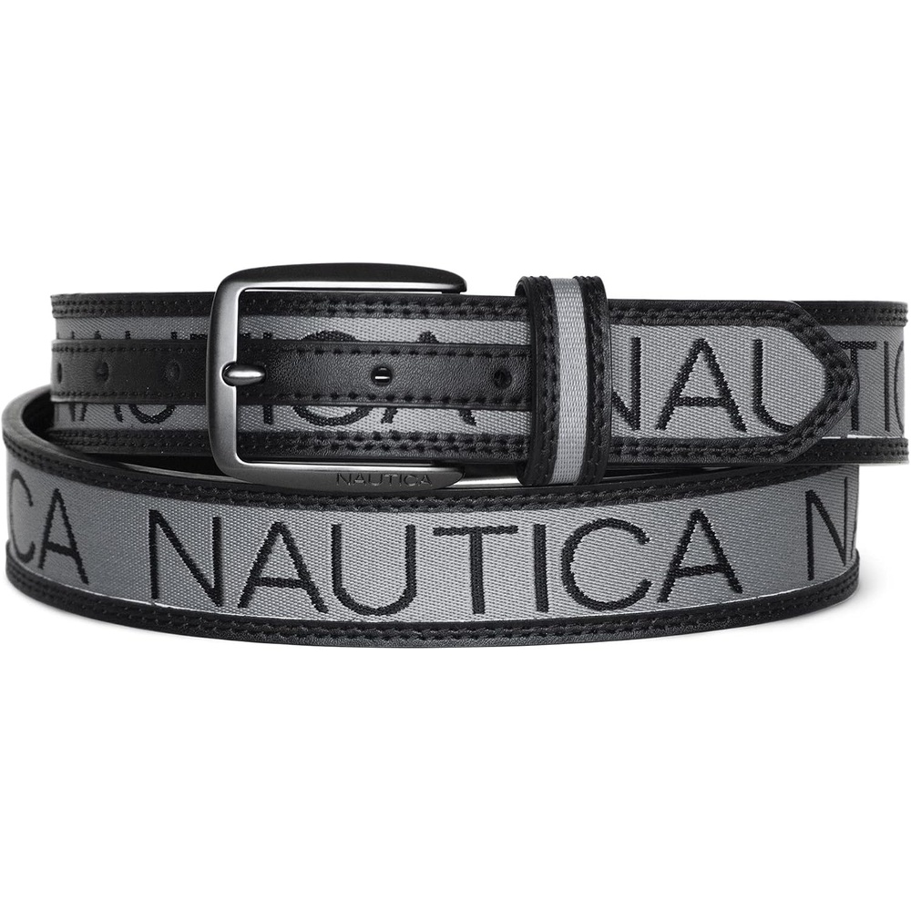 image:imageNautica Mens Signature Leather and Canvas Belt Ribbon Detail Flag Design Classic Casual Metal BuckleSignature Logo Grey