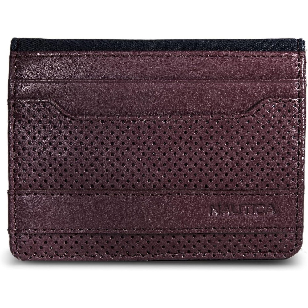 image:imageNautica Mens Slim Wallet Card Case RFID Blocking ID Window Minimalist Lightweight Genuine LeatherPerforated Zinfandel