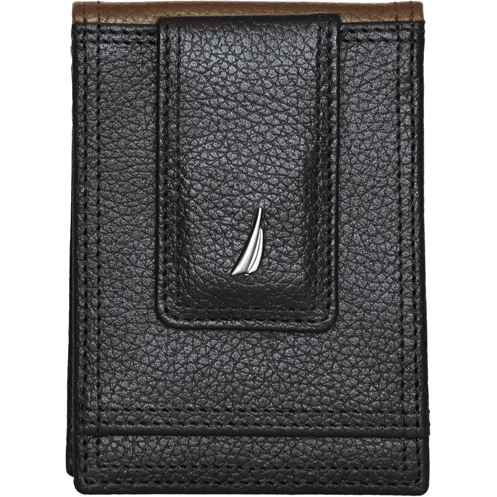 image:imageNautica Mens Slim Wallet Card Case RFID Blocking ID Window Minimalist Lightweight Genuine LeatherTwo Tone BlackCognac