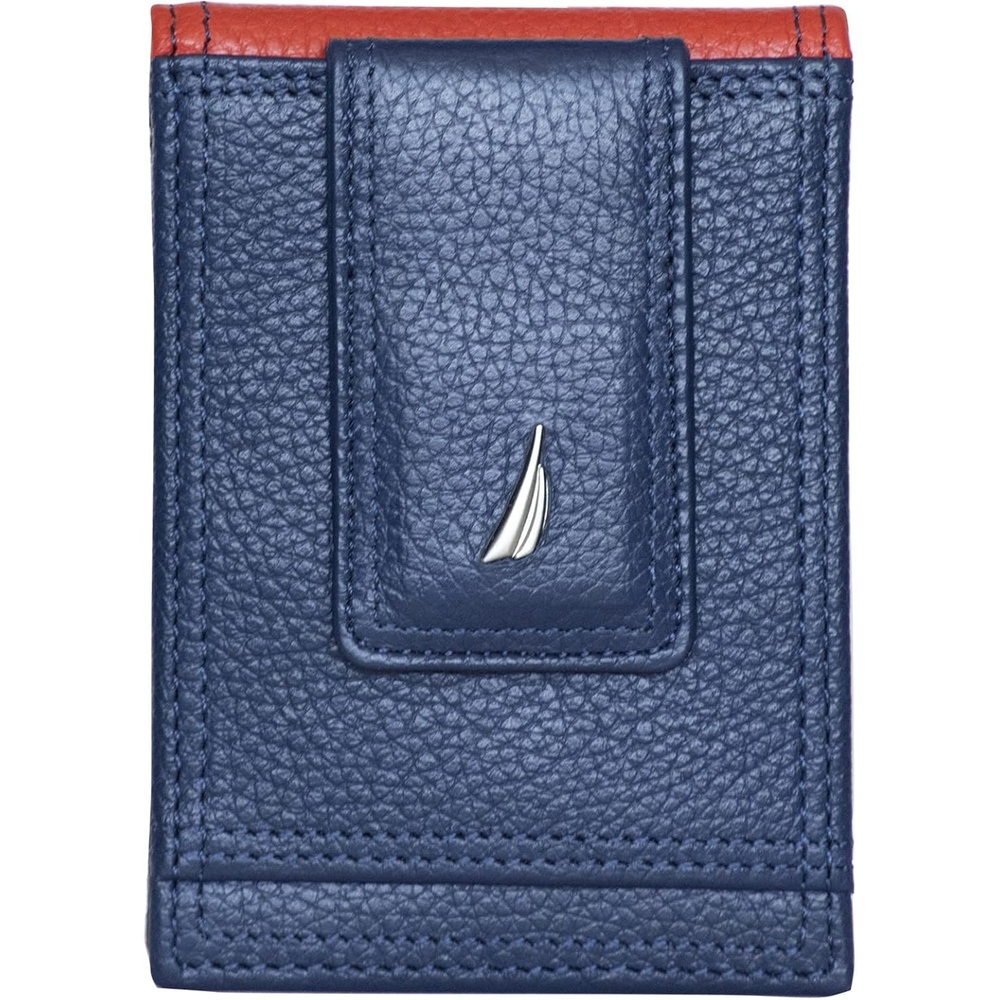 image:imageNautica Mens Slim Wallet Card Case RFID Blocking ID Window Minimalist Lightweight Genuine LeatherTwo Tone NavyRed