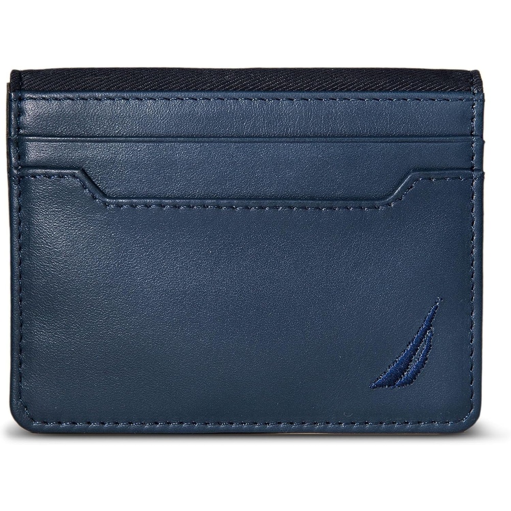image:imageNautica Mens Slim Wallet Card Case RFID Blocking ID Window Minimalist Lightweight Genuine Leathermbroidered Sail Navy
