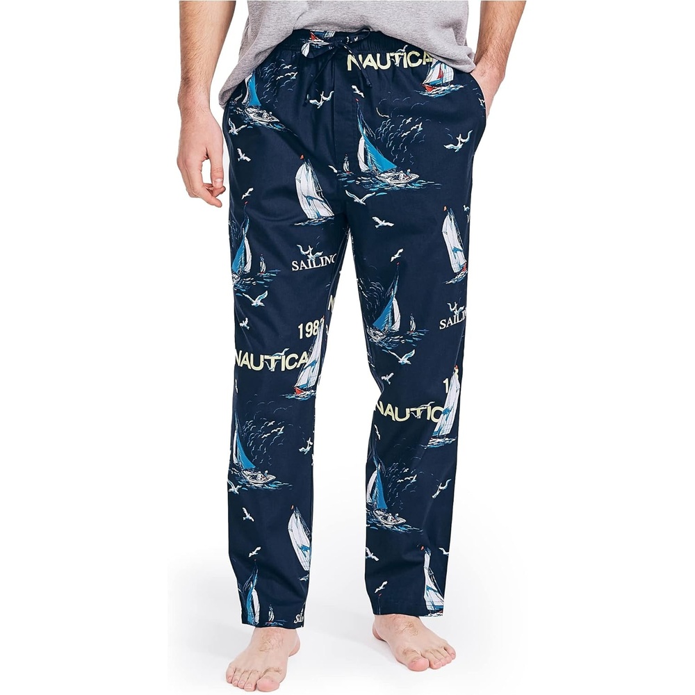 image:imageNautica Mens Soft Woven 100 Cotton Elastic Waistband Sleep Pajama PantSailboat Blue