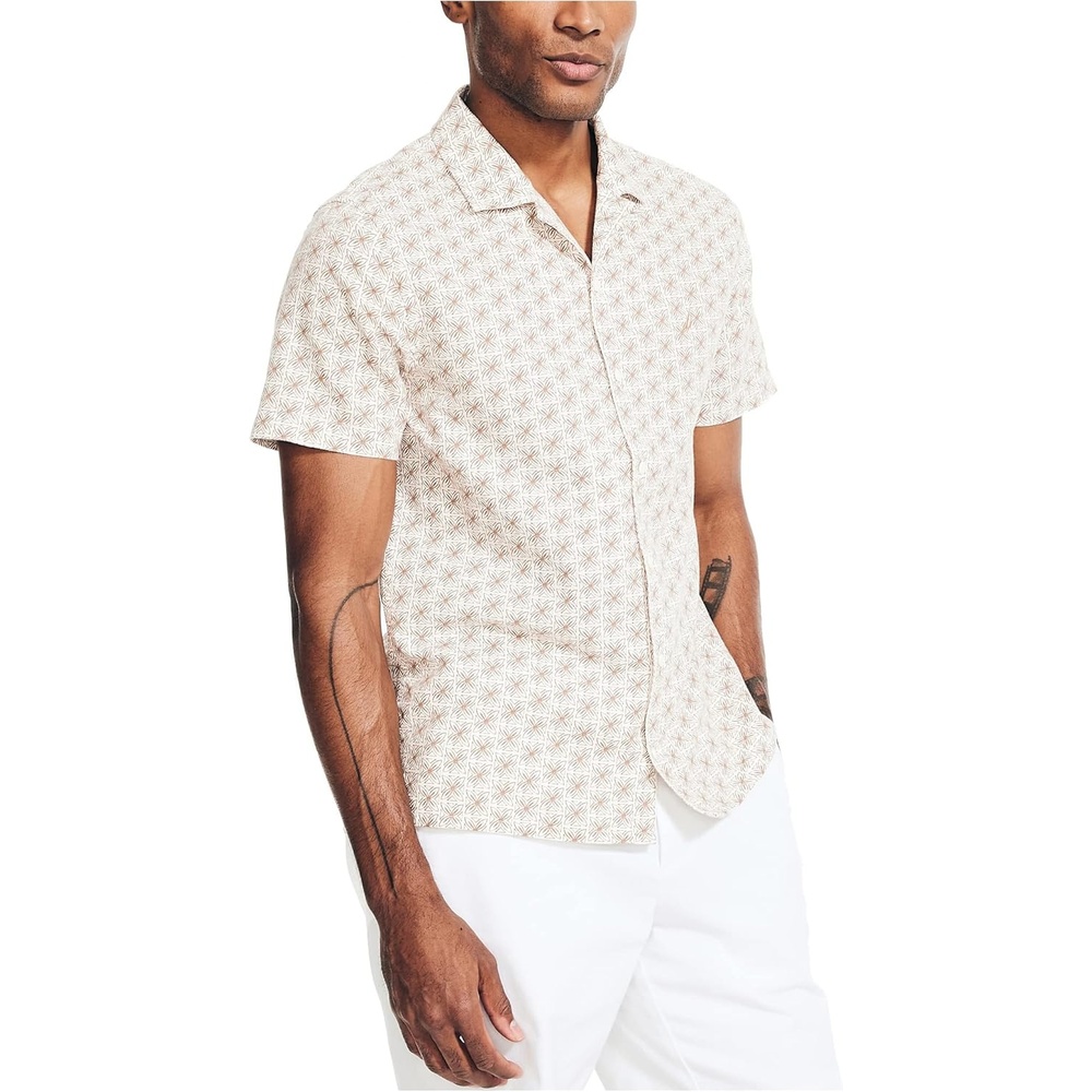 image:imageNautica Mens Sustainably Crafted Printed Linen ShortSleeve ShirtSail White