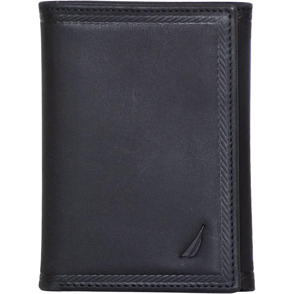 image:imageNautica Mens Trifold Wallet RFID Blocking Protection ID Window Card Slots Genuine Leather DurableEmbossed Leather Black