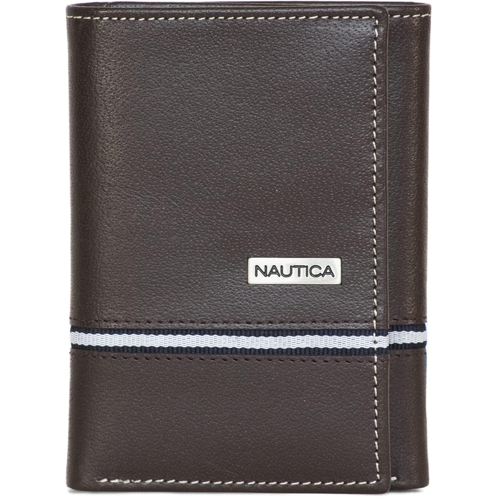 image:imageNautica Mens Trifold Wallet  RFID Blocking Protection  ID Window  Card Slots  Genuine Leather  DurableLogo Ribbon  Brown