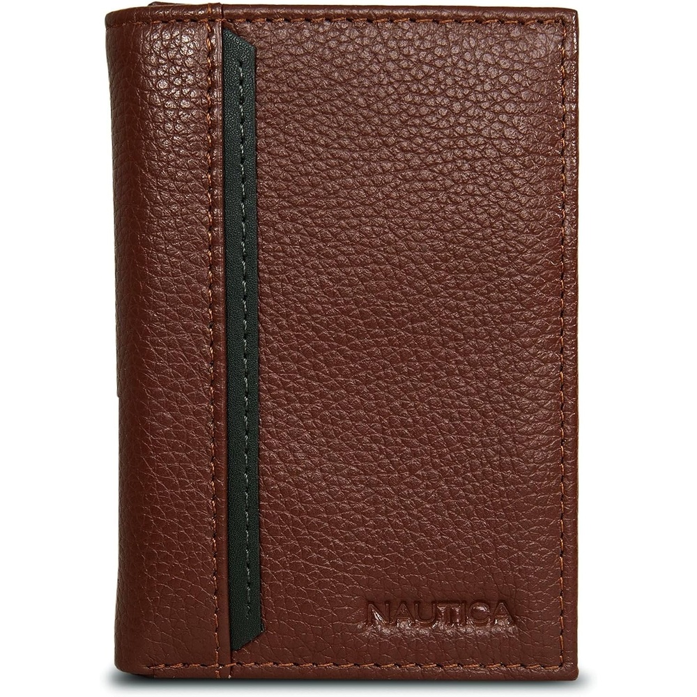 image:imageNautica Mens Trifold Wallet RFID Blocking Protection ID Window Card Slots Genuine Leather DurablePop Color Tab Tan