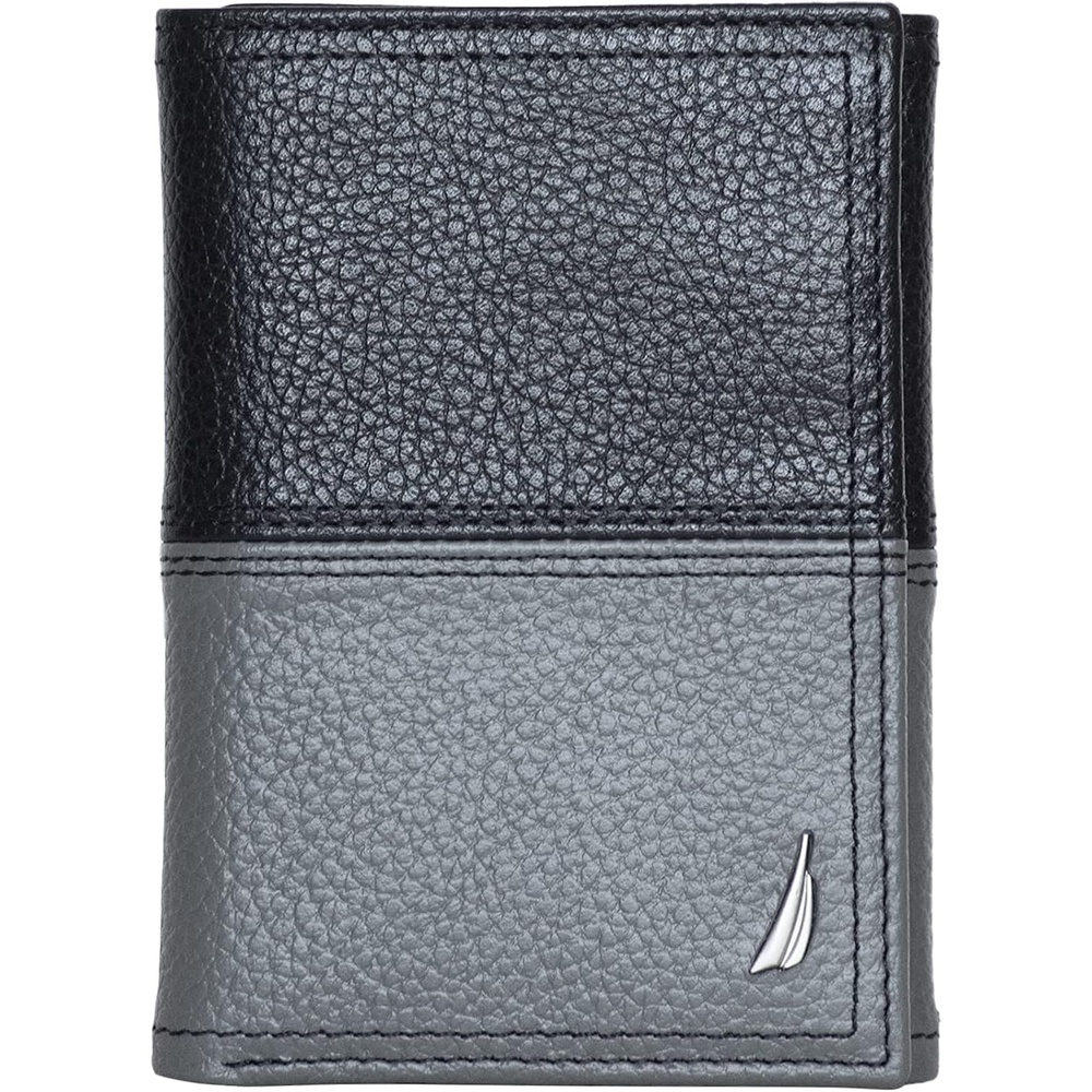 image:imageNautica Mens Trifold Wallet  RFID Blocking Protection  ID Window  Card Slots  Genuine Leather  DurableTwo Tone  BlackGrey