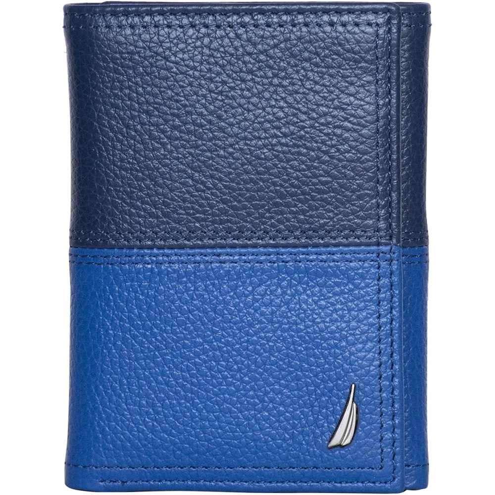 image:imageNautica Mens Trifold Wallet RFID Blocking Protection ID Window Card Slots Genuine Leather DurableTwo Tone Cobalt Blue